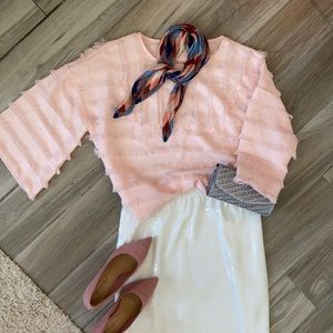 Baby pink distressed striped blouse halve sleeve semi sheer